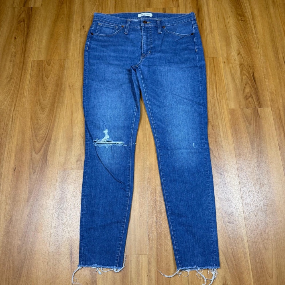 Madewell 9 Mid-Rise Skinny Jeans Blue Distressed Raw Hem H6844 Womens Size 30